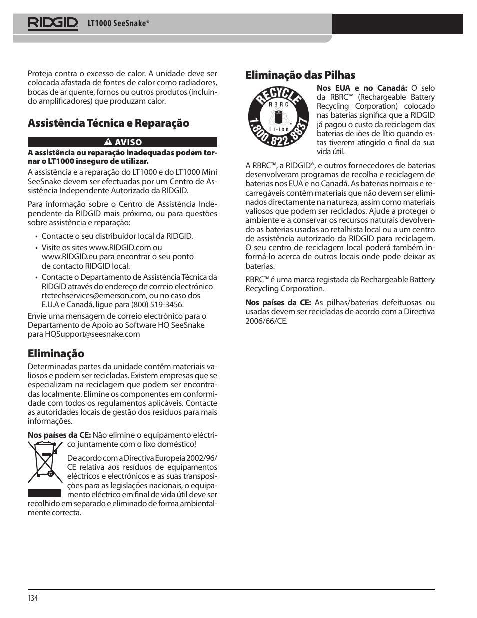 Assistência técnica e reparação, Eliminação, Eliminação das pilhas | RIDGID SeeSnake LT1000 User Manual | Page 136 / 422