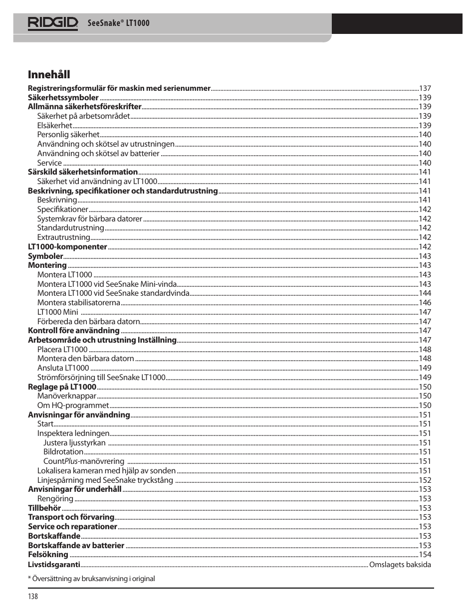 Innehåll | RIDGID SeeSnake LT1000 User Manual | Page 140 / 422