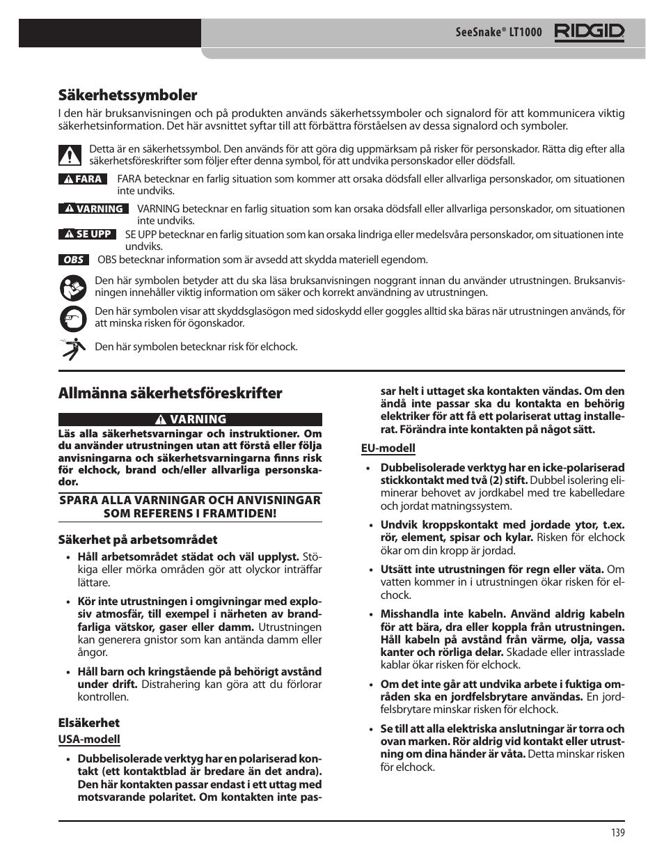 Säkerhetssymboler, Allmänna säkerhetsföreskrifter | RIDGID SeeSnake LT1000 User Manual | Page 141 / 422