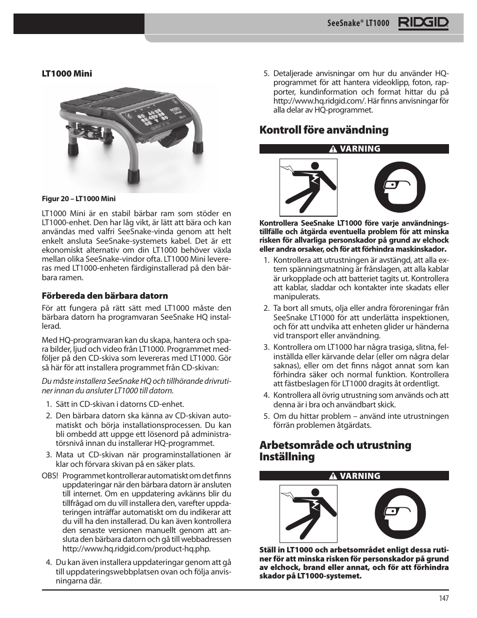 Kontroll före användning, Arbetsområde och utrustning inställning | RIDGID SeeSnake LT1000 User Manual | Page 149 / 422