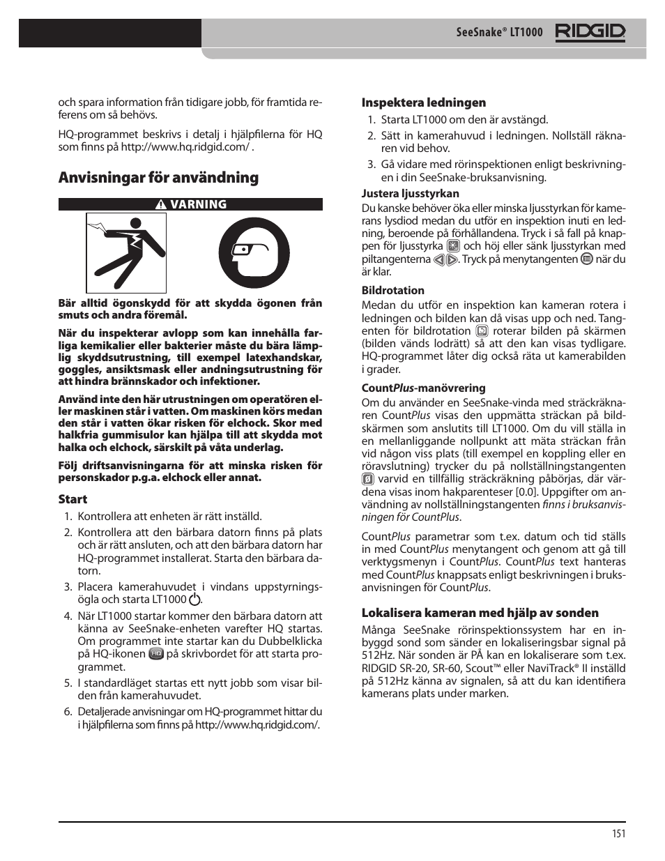 Anvisningar för användning | RIDGID SeeSnake LT1000 User Manual | Page 153 / 422