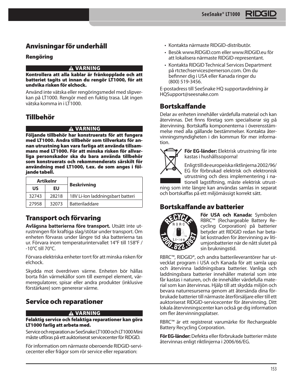 Anvisningar för underhåll, Tillbehör, Transport och förvaring | Service och reparationer, Bortskaffande, Bortskaffande av batterier | RIDGID SeeSnake LT1000 User Manual | Page 155 / 422