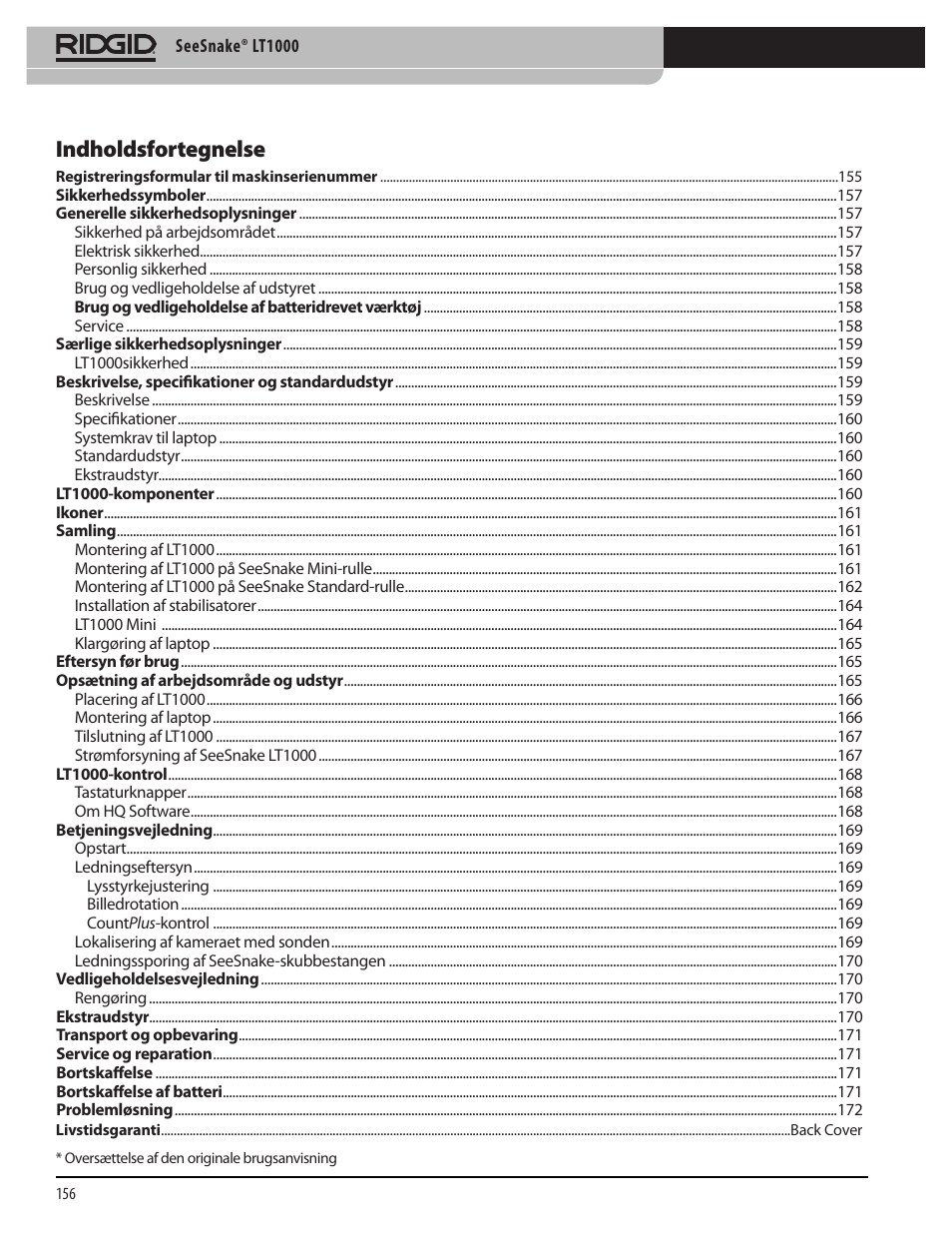 Indholdsfortegnelse | RIDGID SeeSnake LT1000 User Manual | Page 158 / 422