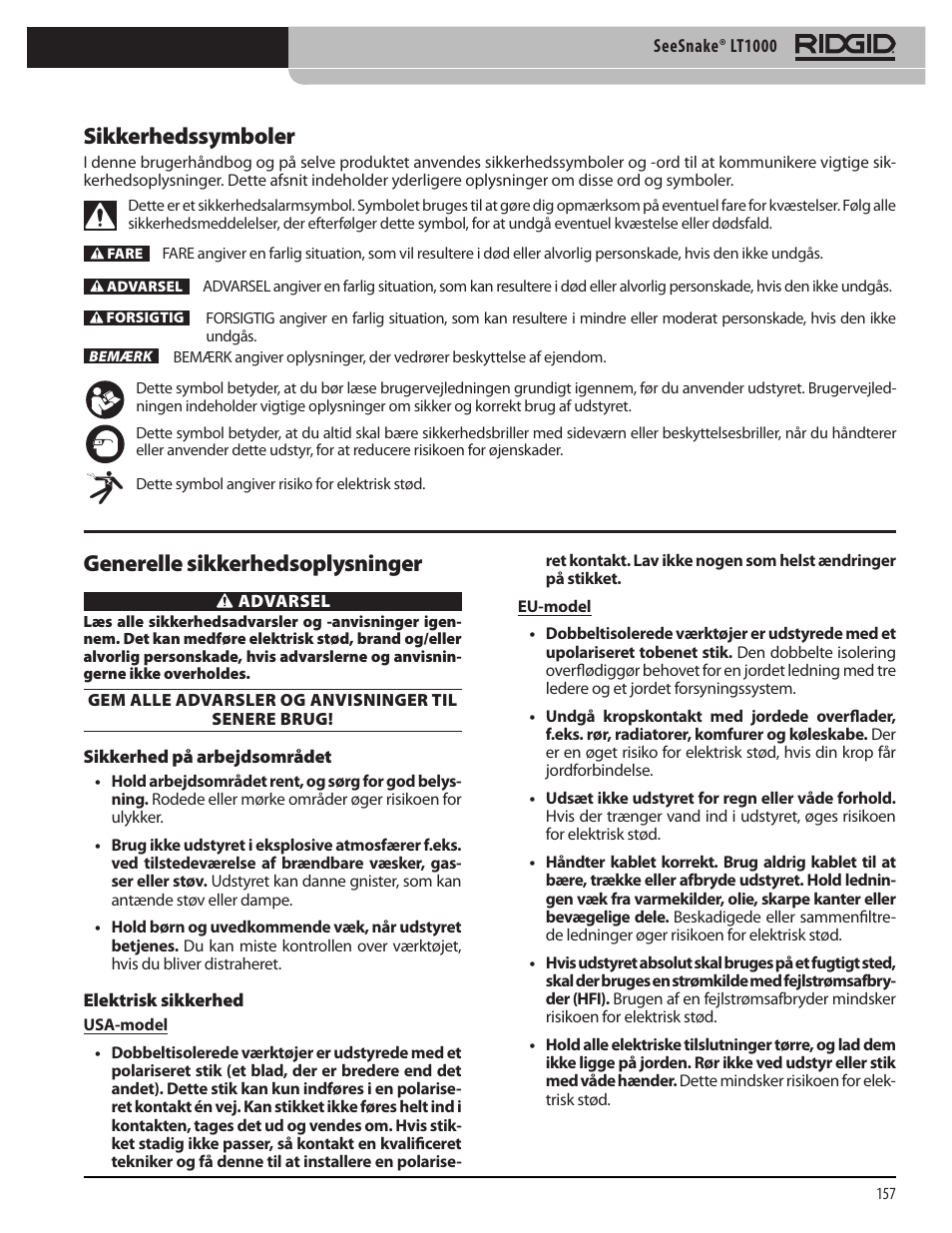 Sikkerhedssymboler, Generelle sikkerhedsoplysninger | RIDGID SeeSnake LT1000 User Manual | Page 159 / 422