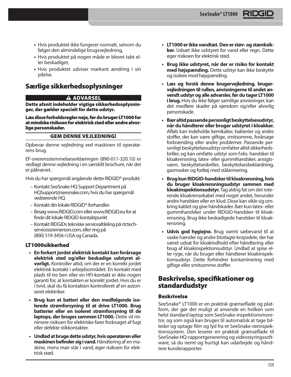 Særlige sikkerhedsoplysninger, Beskrivelse, specifikationer og standardudstyr | RIDGID SeeSnake LT1000 User Manual | Page 161 / 422
