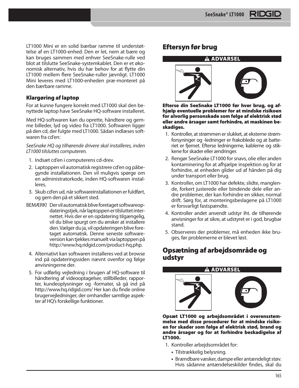 Eftersyn før brug, Opsætning af arbejdsområde og udstyr | RIDGID SeeSnake LT1000 User Manual | Page 167 / 422