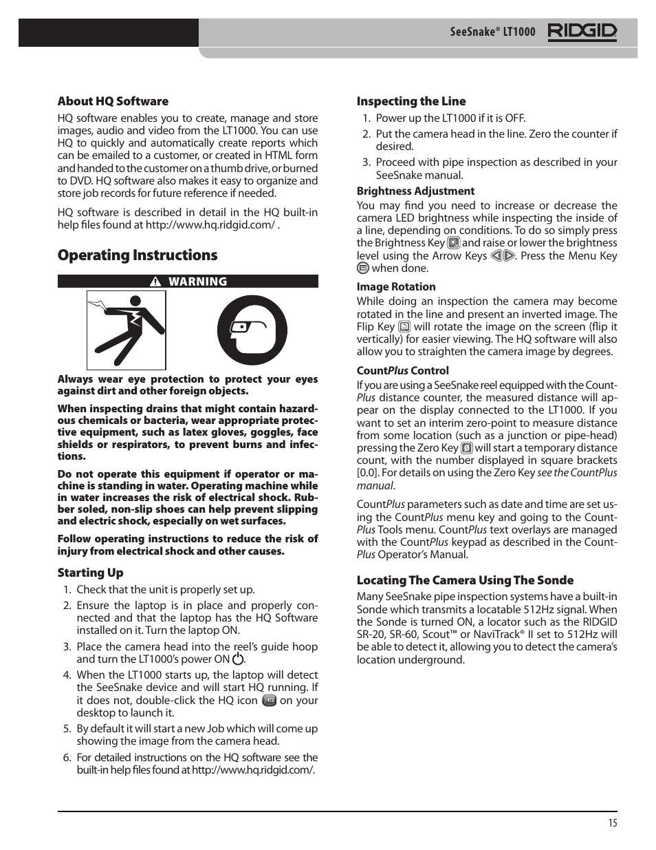 Operating instructions | RIDGID SeeSnake LT1000 User Manual | Page 17 / 422