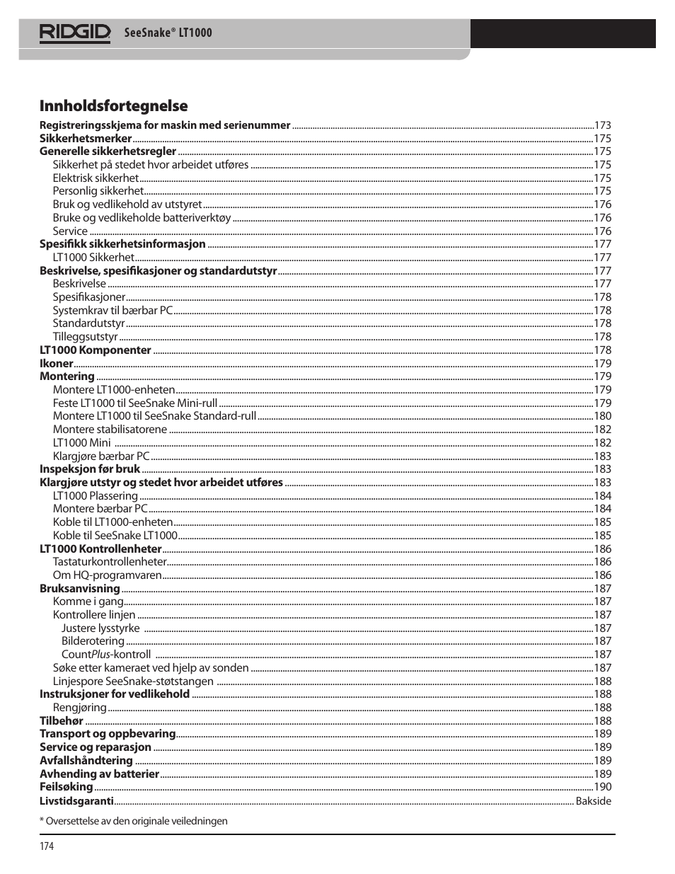 Innholdsfortegnelse | RIDGID SeeSnake LT1000 User Manual | Page 176 / 422
