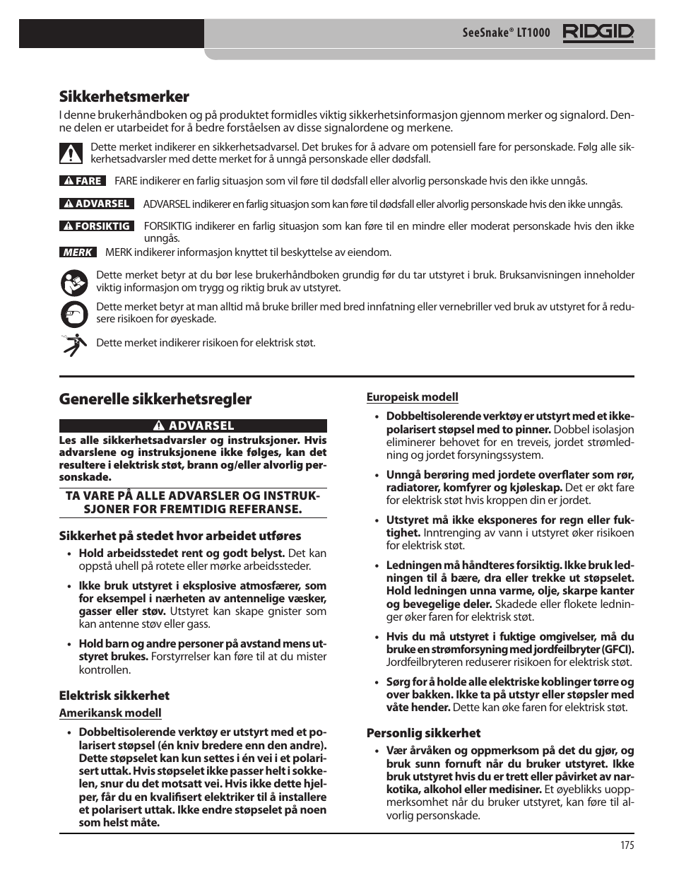 Sikkerhetsmerker, Generelle sikkerhetsregler | RIDGID SeeSnake LT1000 User Manual | Page 177 / 422