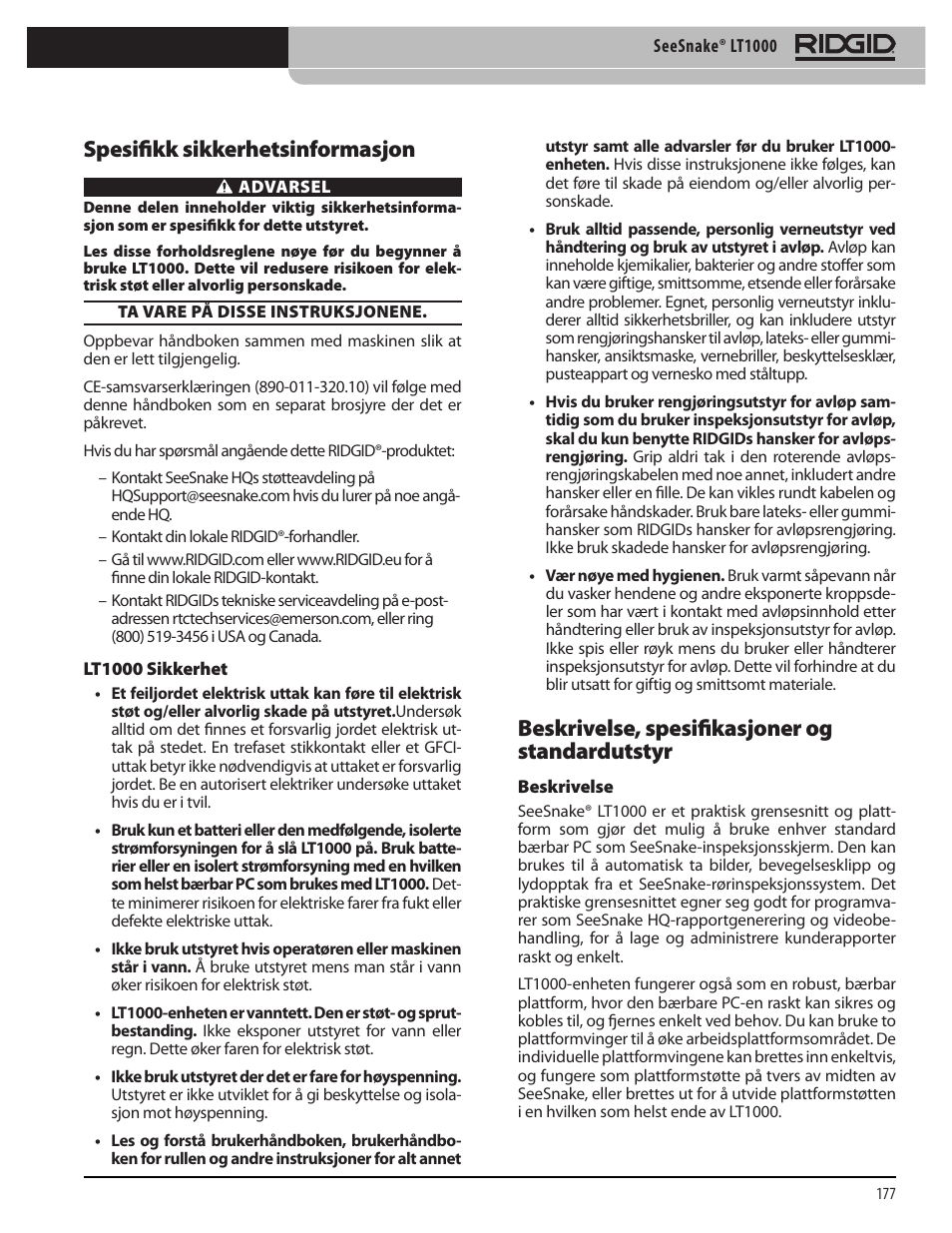 Spesifikk sikkerhetsinformasjon, Beskrivelse, spesifikasjoner og standardutstyr | RIDGID SeeSnake LT1000 User Manual | Page 179 / 422