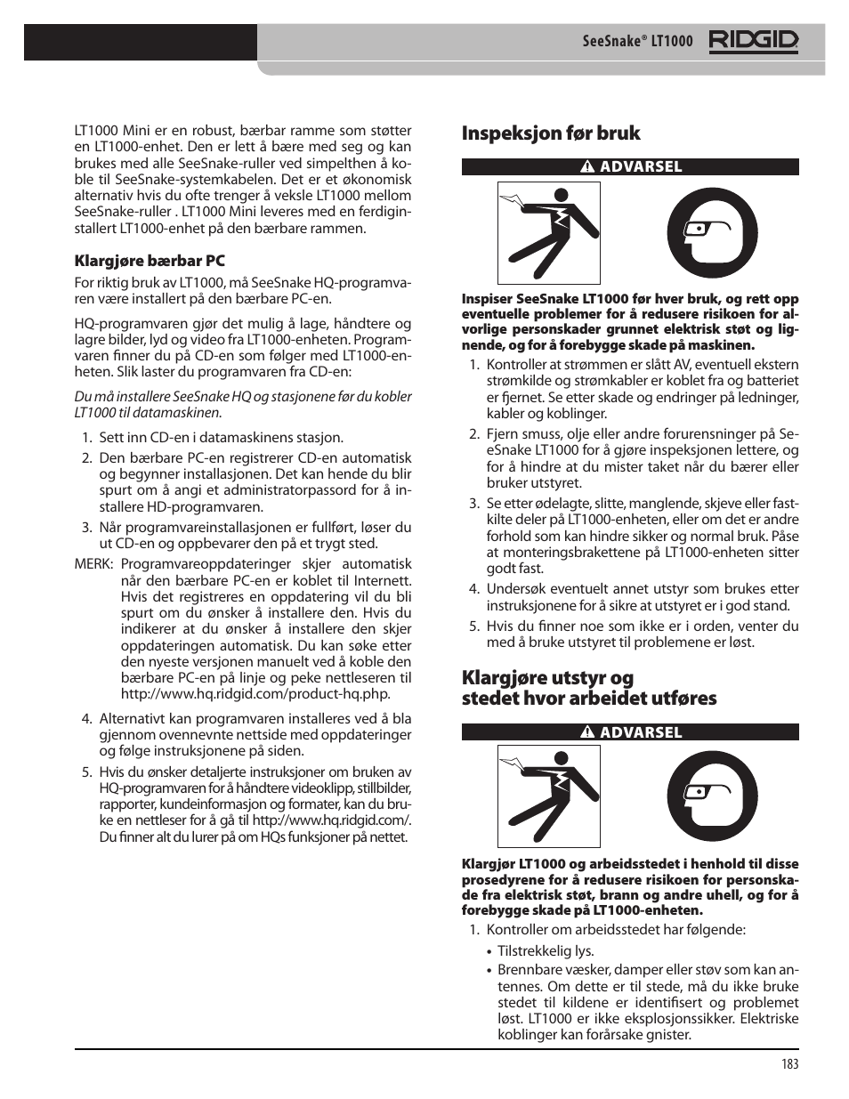 Inspeksjon før bruk, Klargjøre utstyr og stedet hvor arbeidet utføres | RIDGID SeeSnake LT1000 User Manual | Page 185 / 422
