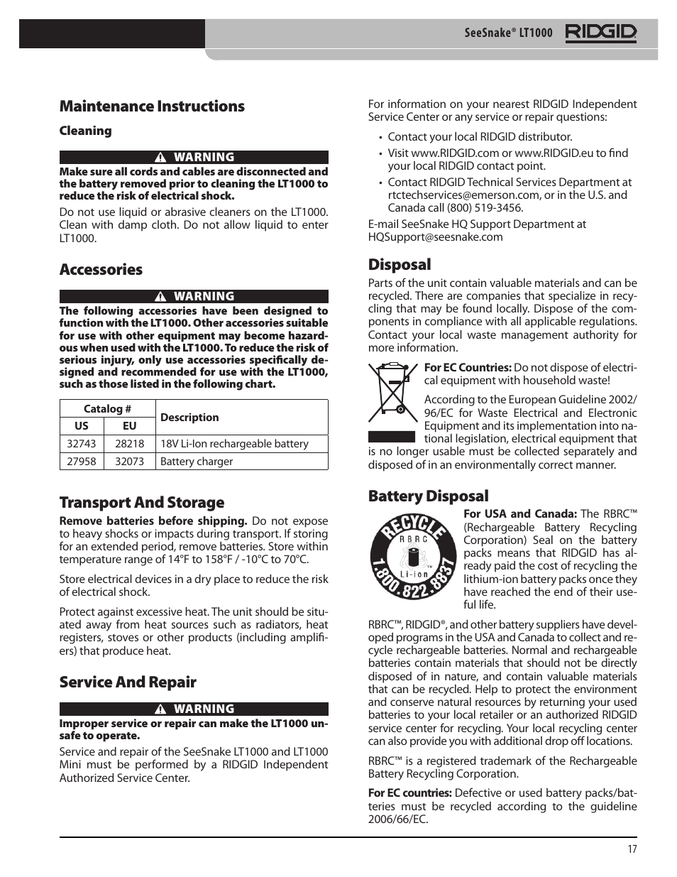 Maintenance instructions, Accessories, Transport and storage | Service and repair, Disposal, Battery disposal | RIDGID SeeSnake LT1000 User Manual | Page 19 / 422