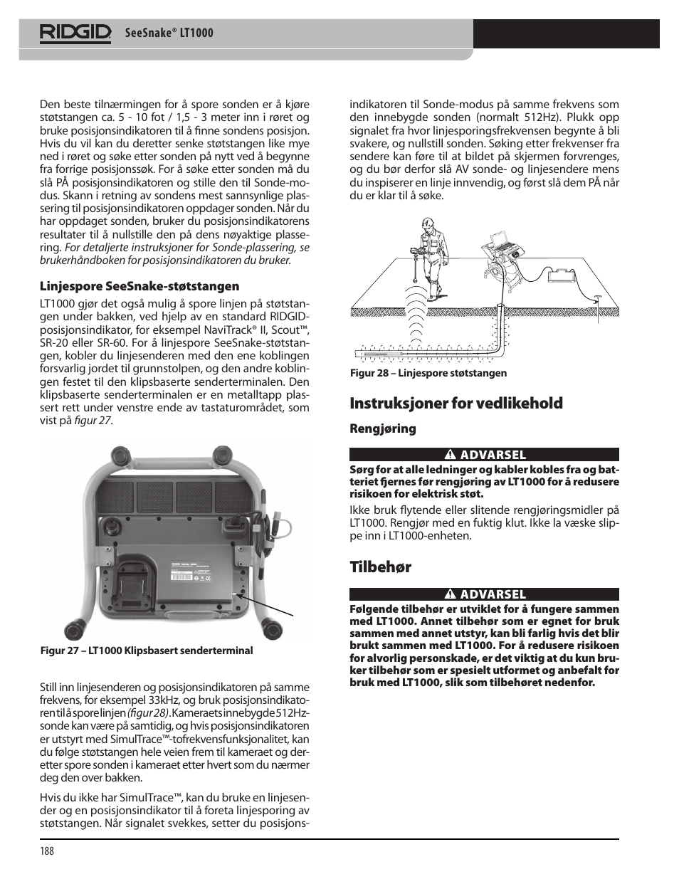 Instruksjoner for vedlikehold, Tilbehør | RIDGID SeeSnake LT1000 User Manual | Page 190 / 422