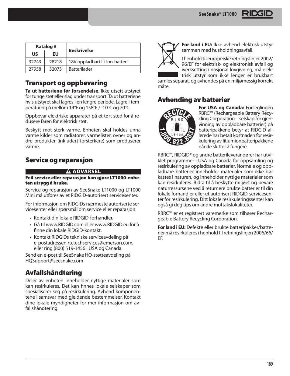 Transport og oppbevaring, Service og reparasjon, Avfallshåndtering | Avhending av batterier | RIDGID SeeSnake LT1000 User Manual | Page 191 / 422