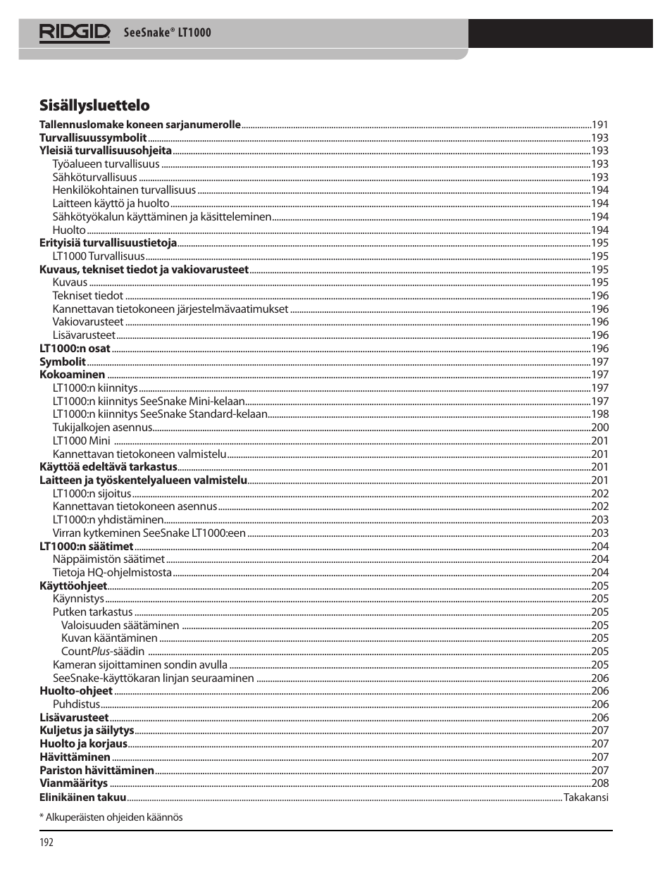 Sisällysluettelo | RIDGID SeeSnake LT1000 User Manual | Page 194 / 422