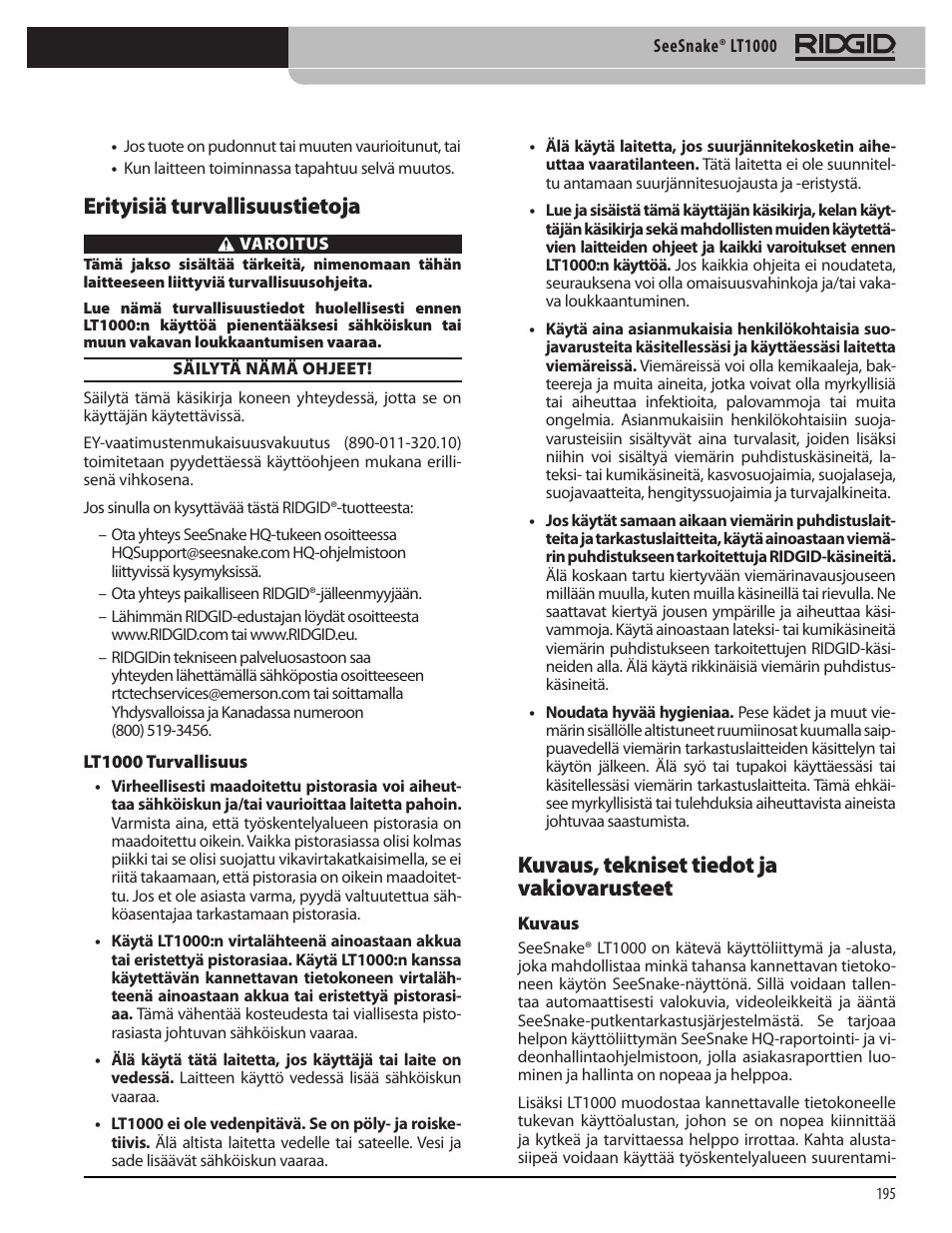 Erityisiä turvallisuustietoja, Kuvaus, tekniset tiedot ja vakiovarusteet | RIDGID SeeSnake LT1000 User Manual | Page 197 / 422