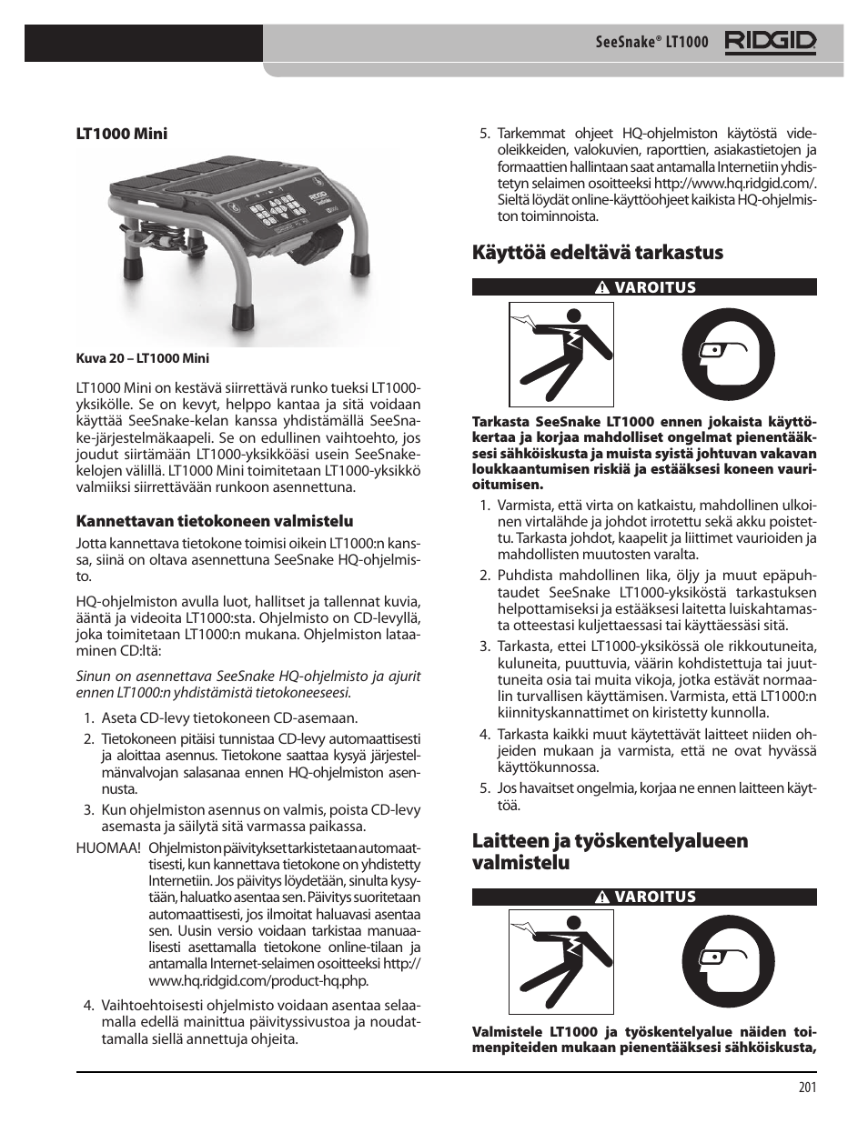 Käyttöä edeltävä tarkastus, Laitteen ja työskentelyalueen valmistelu | RIDGID SeeSnake LT1000 User Manual | Page 203 / 422