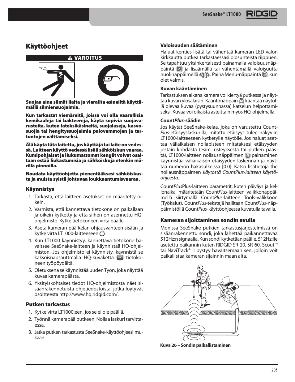 Käyttöohjeet | RIDGID SeeSnake LT1000 User Manual | Page 207 / 422