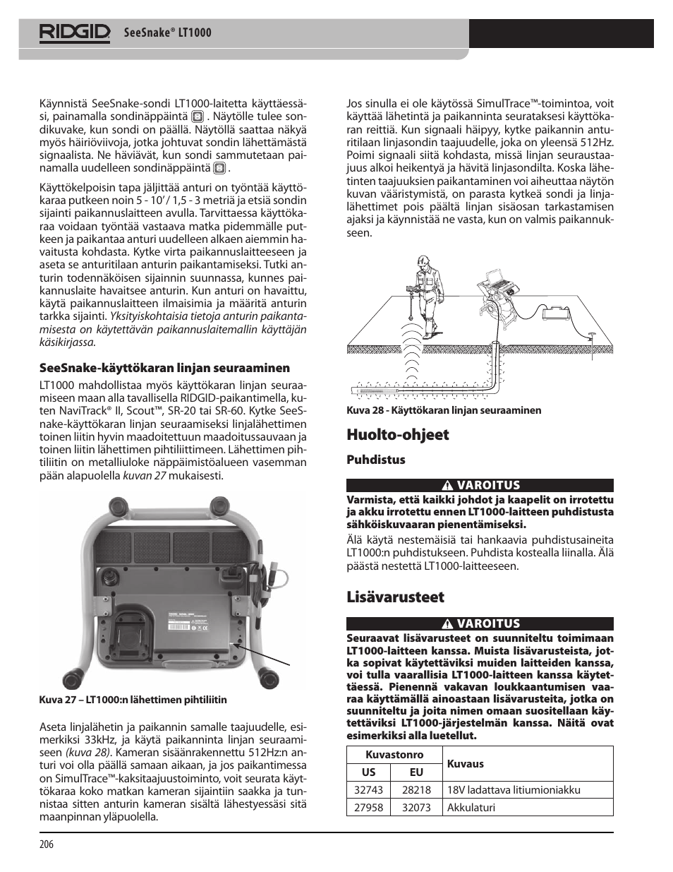 Huolto-ohjeet, Lisävarusteet | RIDGID SeeSnake LT1000 User Manual | Page 208 / 422