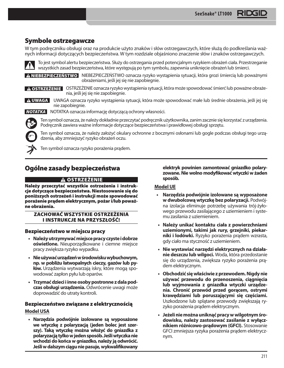 Symbole ostrzegawcze, Ogólne zasady bezpieczeństwa | RIDGID SeeSnake LT1000 User Manual | Page 213 / 422