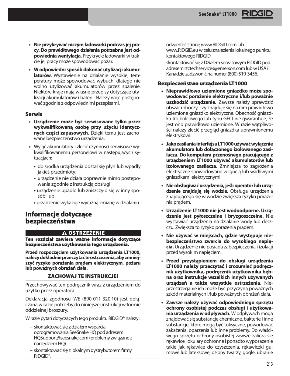 Informacje dotyczące bezpieczeństwa | RIDGID SeeSnake LT1000 User Manual | Page 215 / 422