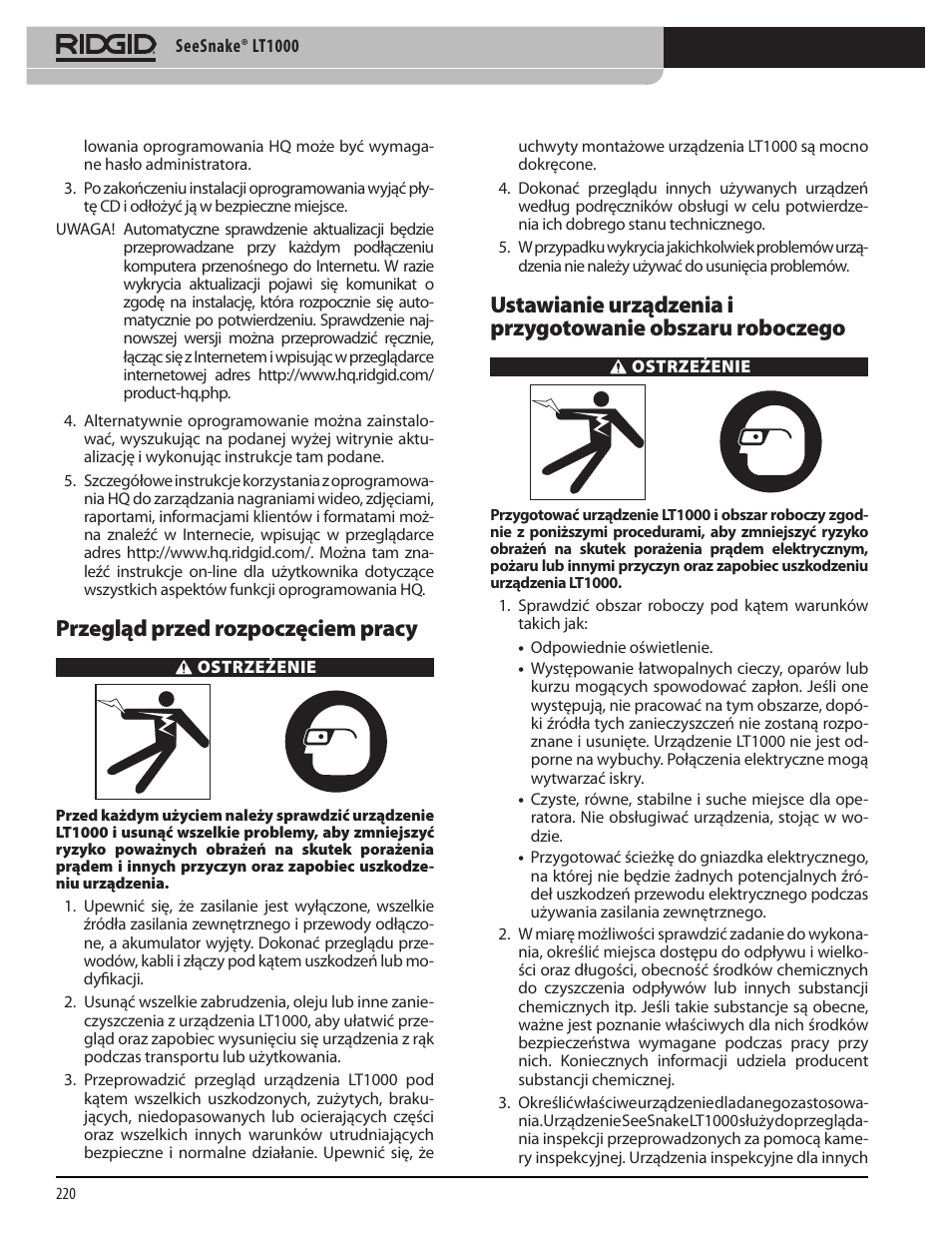 Przegląd przed rozpoczęciem pracy | RIDGID SeeSnake LT1000 User Manual | Page 222 / 422