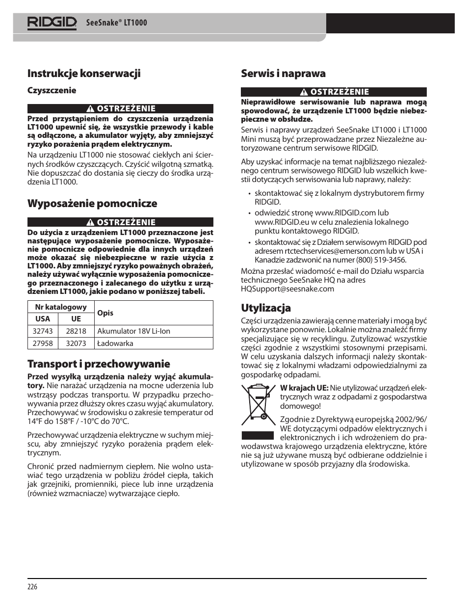 Instrukcje konserwacji, Wyposażenie pomocnicze, Transport i przechowywanie | Serwis i naprawa, Utylizacja | RIDGID SeeSnake LT1000 User Manual | Page 228 / 422