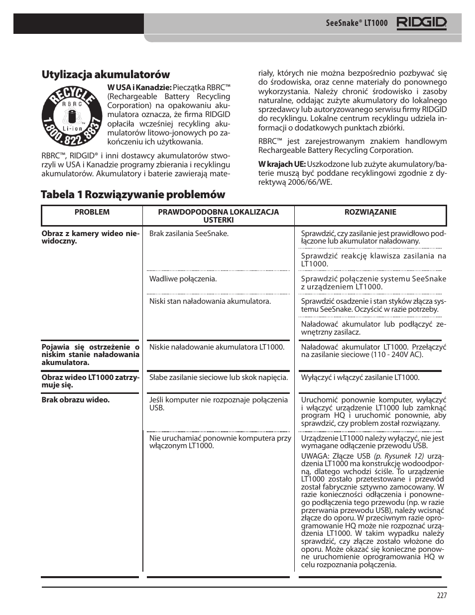 Utylizacja akumulatorów, Tabela 1 rozwiązywanie problemów | RIDGID SeeSnake LT1000 User Manual | Page 229 / 422