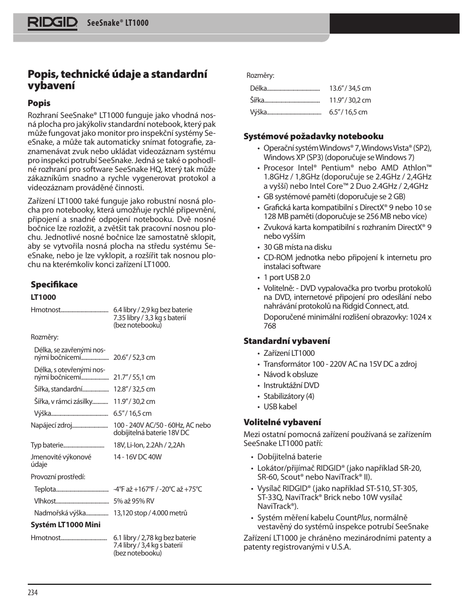 Popis, technické údaje a standardní vybavení | RIDGID SeeSnake LT1000 User Manual | Page 236 / 422