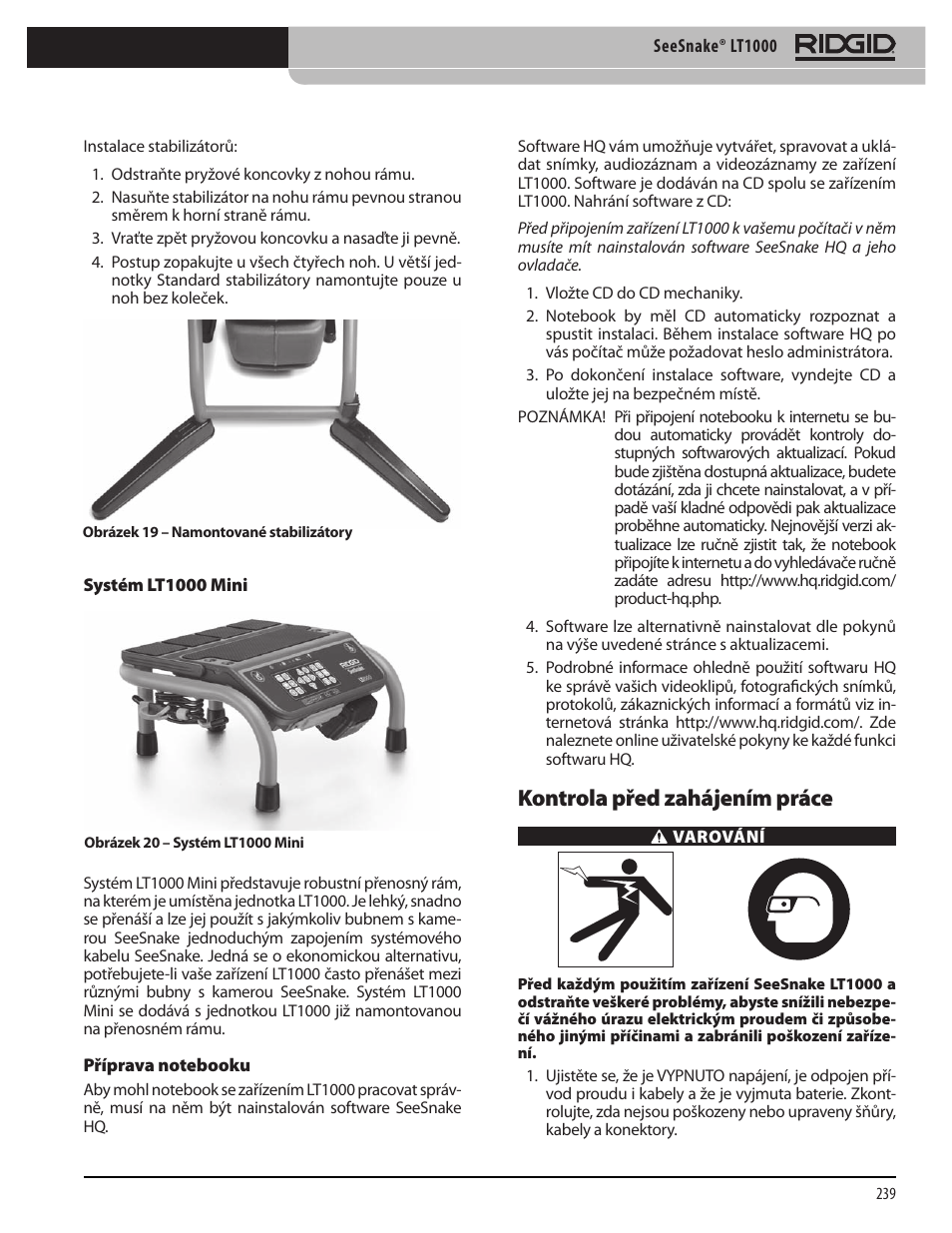 Kontrola před zahájením práce | RIDGID SeeSnake LT1000 User Manual | Page 241 / 422