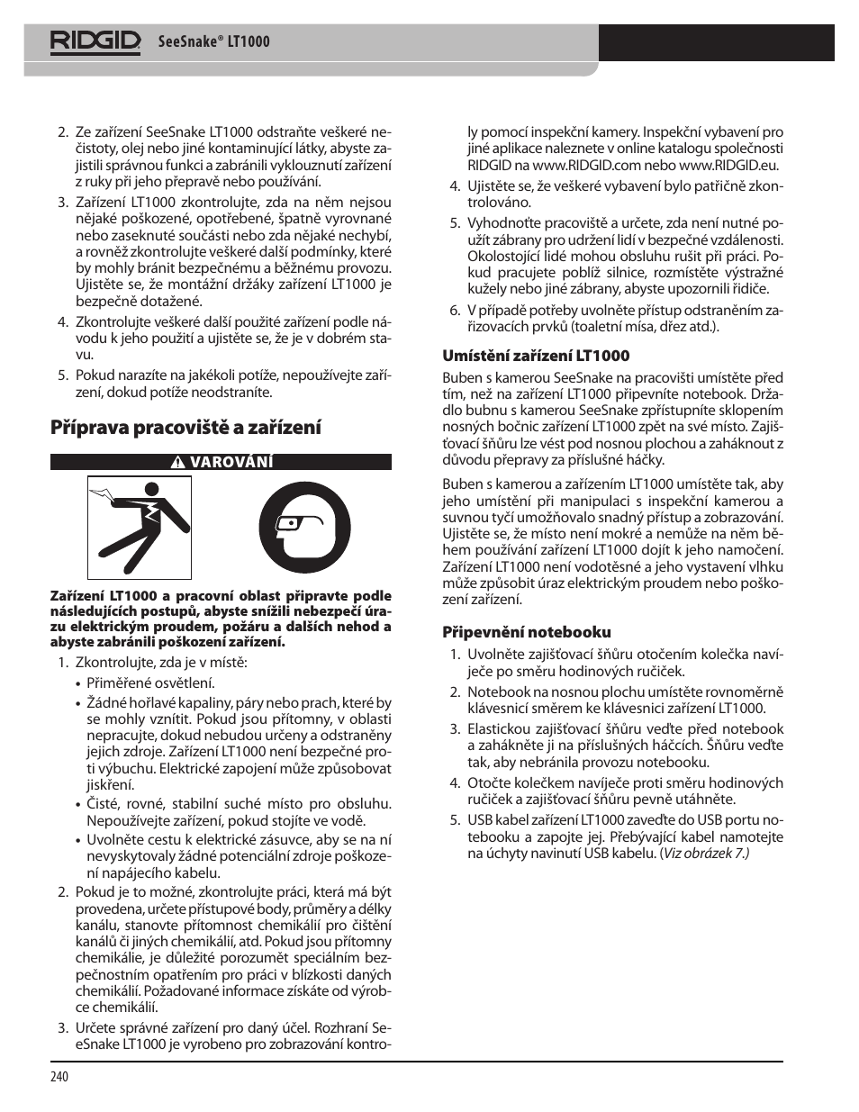 Příprava pracoviště a zařízení | RIDGID SeeSnake LT1000 User Manual | Page 242 / 422