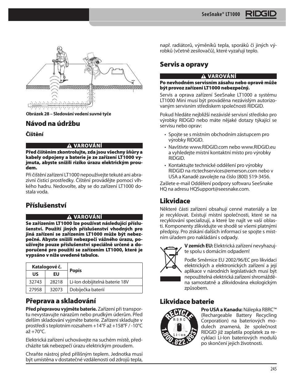 Návod na údržbu, Příslušenství, Přeprava a skladování | Servis a opravy, Likvidace, Likvidace baterie | RIDGID SeeSnake LT1000 User Manual | Page 247 / 422