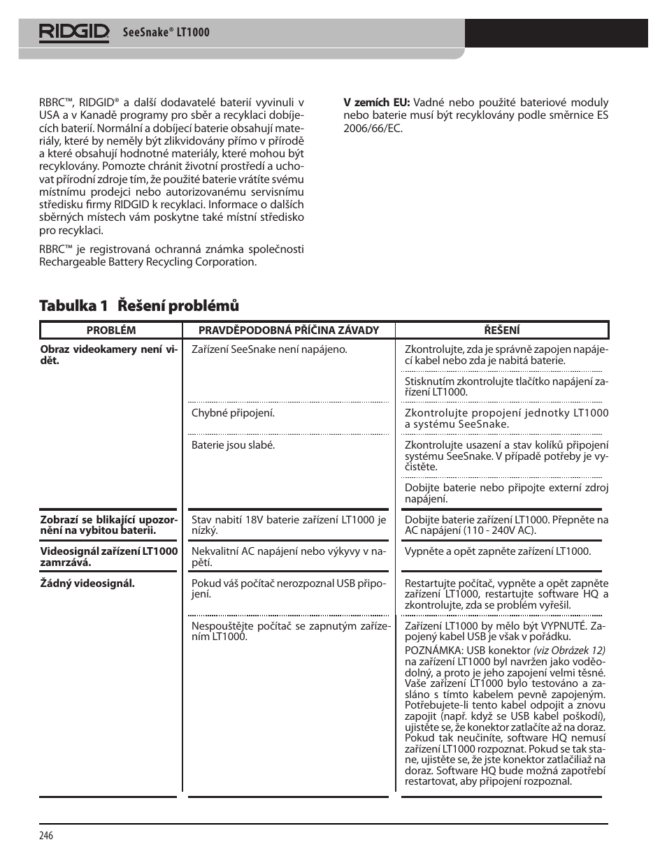 Tabulka 1 řešení problémů | RIDGID SeeSnake LT1000 User Manual | Page 248 / 422