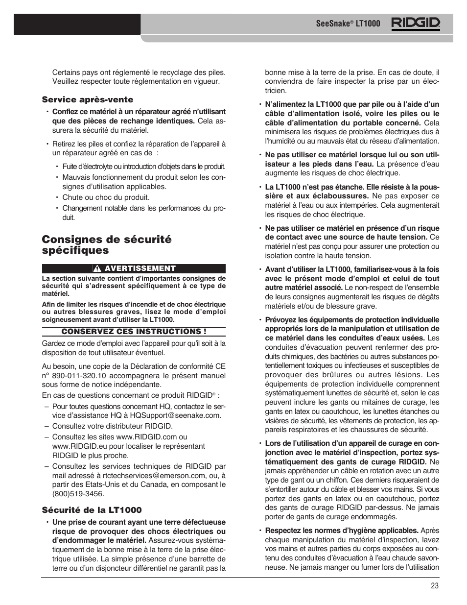 Consignes de sécurité spécifiques | RIDGID SeeSnake LT1000 User Manual | Page 25 / 422