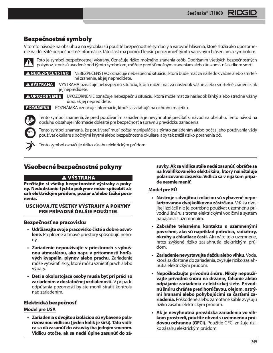 Bezpečnostné symboly, Všeobecné bezpečnostné pokyny | RIDGID SeeSnake LT1000 User Manual | Page 251 / 422