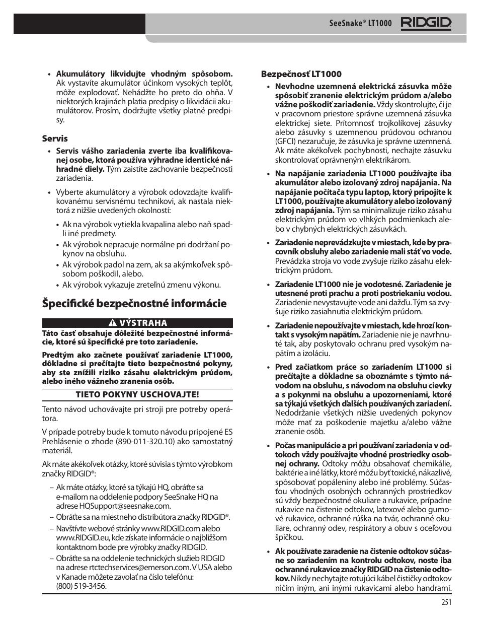 Špecifické bezpečnostné informácie | RIDGID SeeSnake LT1000 User Manual | Page 253 / 422