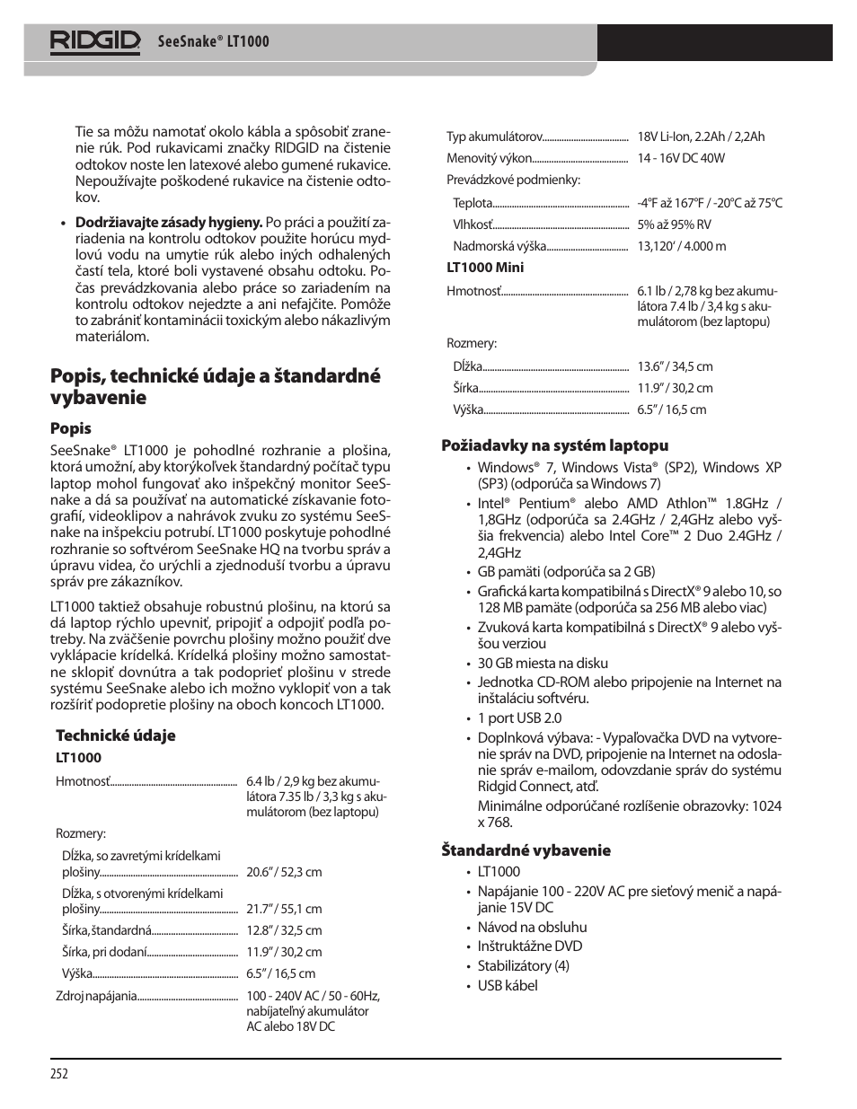 Popis, technické údaje a štandardné vybavenie | RIDGID SeeSnake LT1000 User Manual | Page 254 / 422