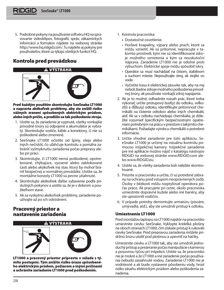 Kontrola pred prevádzkou, Pracovný priestor a nastavenie zariadenia | RIDGID SeeSnake LT1000 User Manual | Page 260 / 422