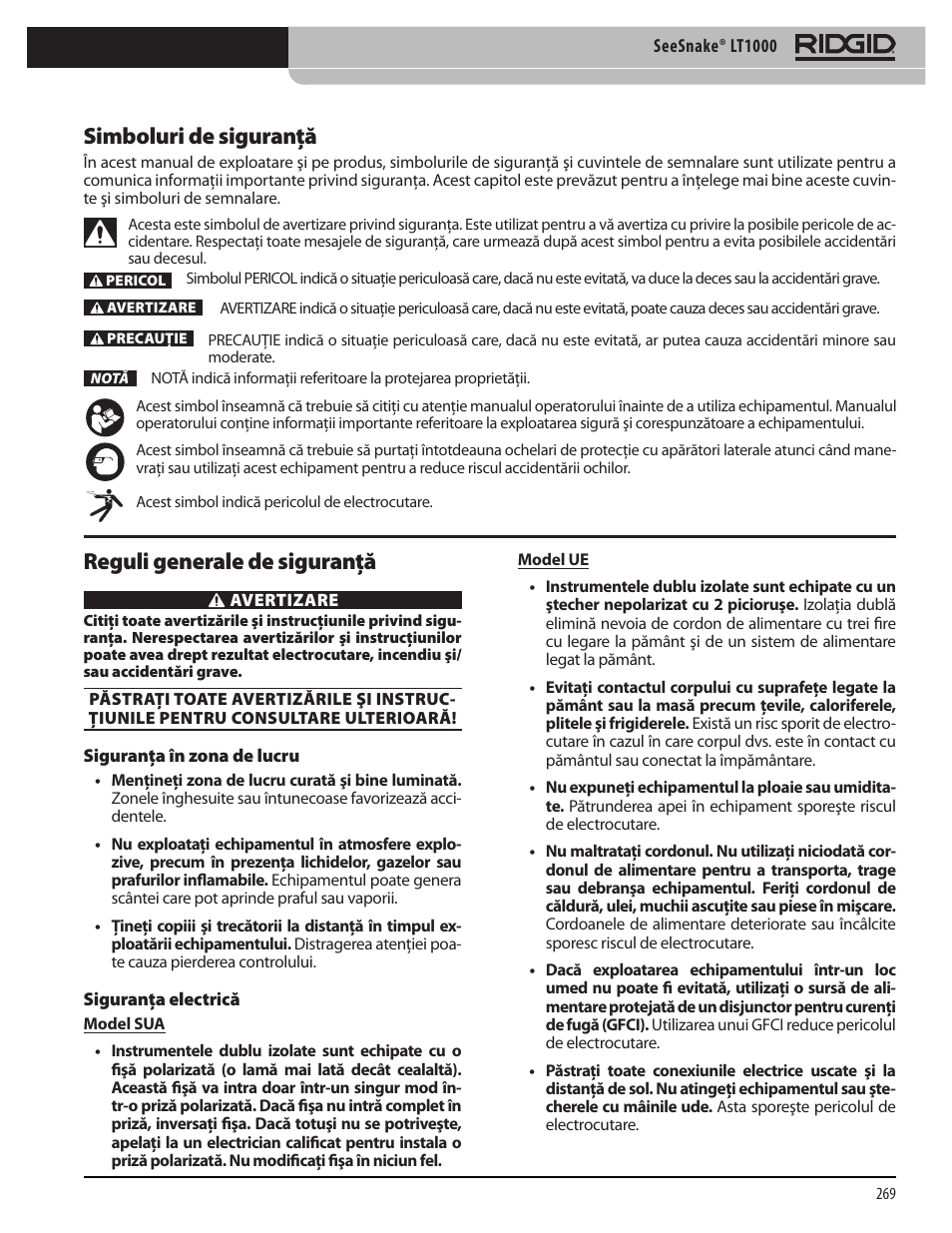 Simboluri de siguranţă, Reguli generale de siguranţă | RIDGID SeeSnake LT1000 User Manual | Page 271 / 422