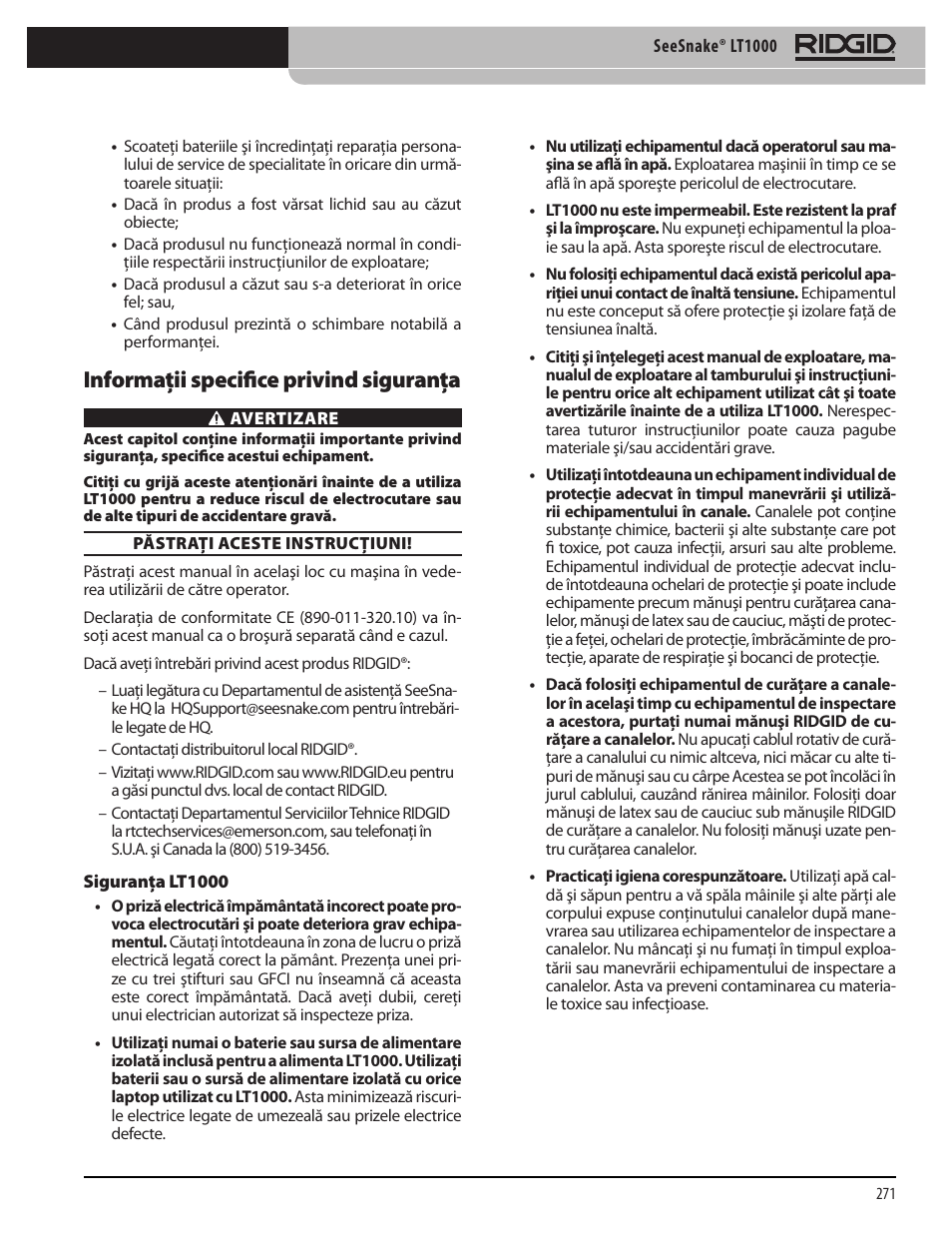 Informaţii specifice privind siguranţa | RIDGID SeeSnake LT1000 User Manual | Page 273 / 422