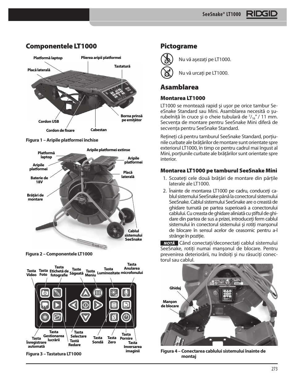 Pictograme asamblarea, Componentele lt1000, Seesnake® lt1000 | Montarea lt1000, Montarea lt1000 pe tamburul seesnake mini | RIDGID SeeSnake LT1000 User Manual | Page 275 / 422