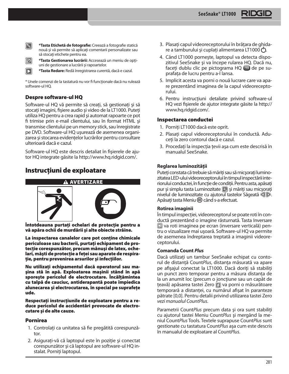 Instrucţiuni de exploatare | RIDGID SeeSnake LT1000 User Manual | Page 283 / 422