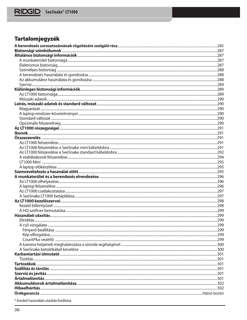 Tartalomjegyzék | RIDGID SeeSnake LT1000 User Manual | Page 288 / 422