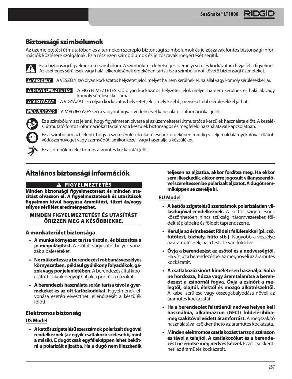 Általános biztonsági információk, Biztonsági szimbólumok | RIDGID SeeSnake LT1000 User Manual | Page 289 / 422