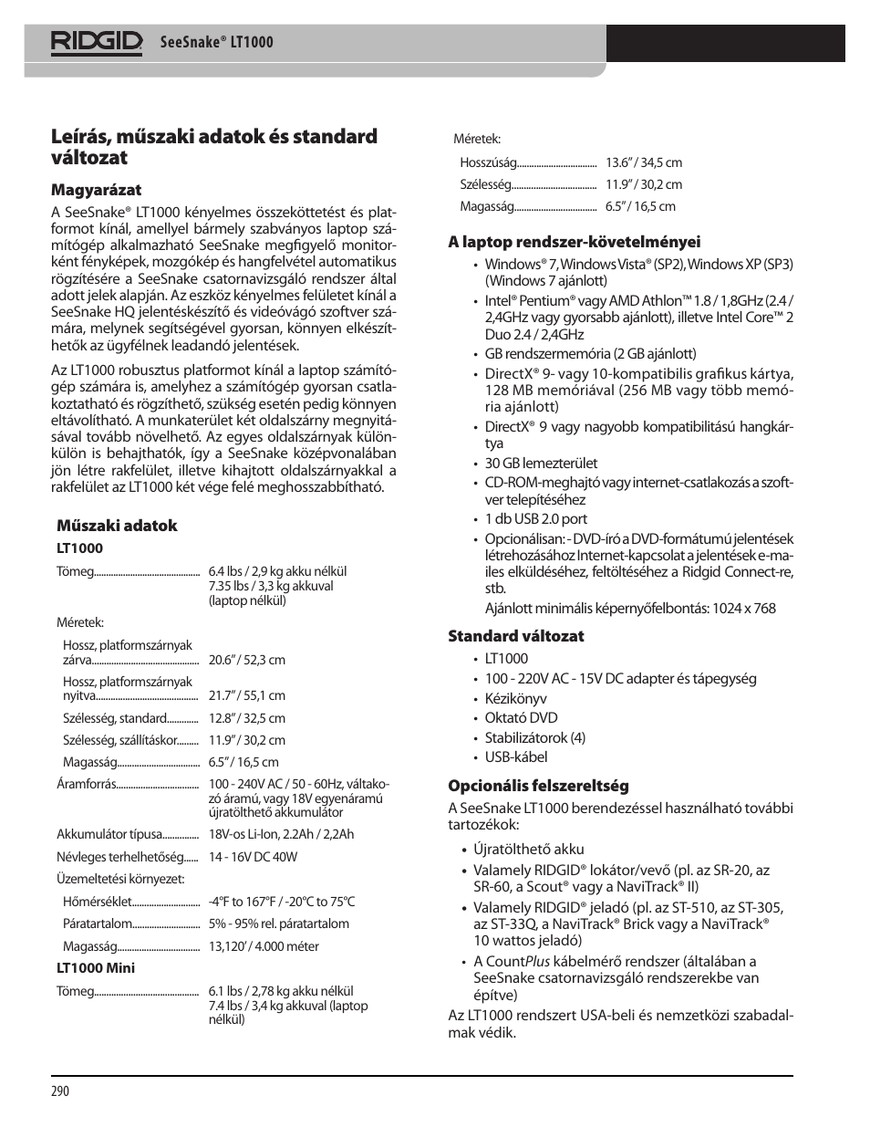 Leírás, műszaki adatok és standard változat | RIDGID SeeSnake LT1000 User Manual | Page 292 / 422