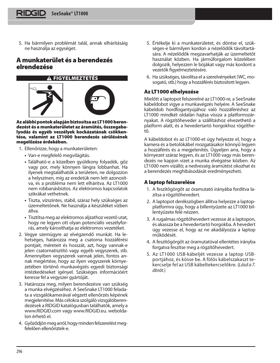 A munkaterület és a berendezés elrendezése | RIDGID SeeSnake LT1000 User Manual | Page 298 / 422