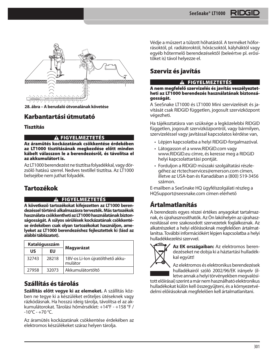Karbantartási útmutató, Tartozékok, Szállítás és tárolás | Szerviz és javítás, Ártalmatlanítás | RIDGID SeeSnake LT1000 User Manual | Page 303 / 422