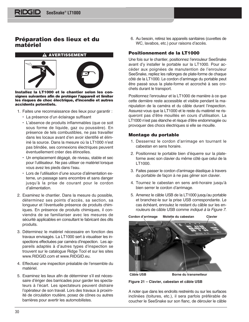 Préparation des lieux et du matériel | RIDGID SeeSnake LT1000 User Manual | Page 32 / 422