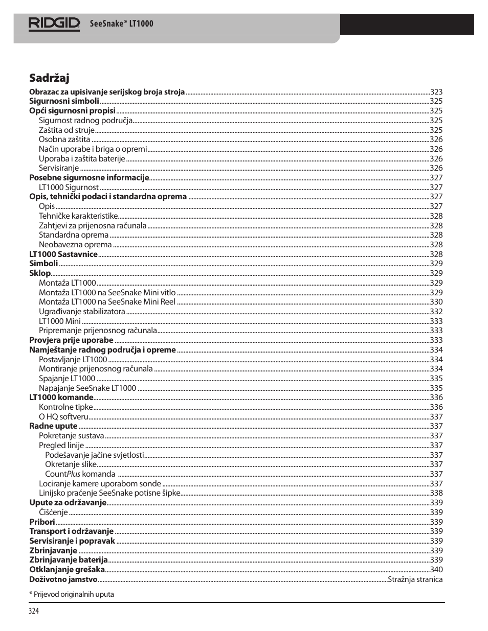 Sadržaj | RIDGID SeeSnake LT1000 User Manual | Page 326 / 422