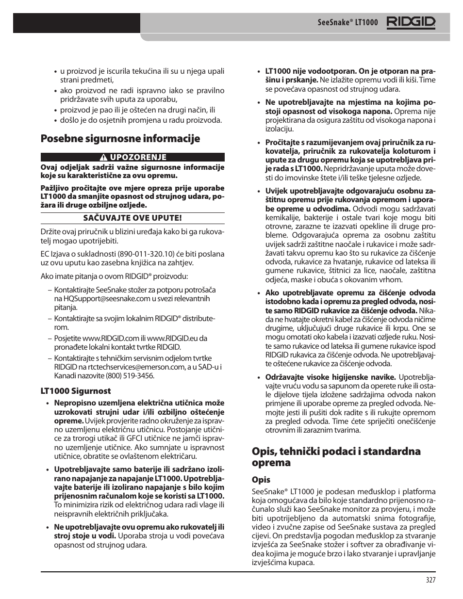 Posebne sigurnosne informacije, Opis, tehnički podaci i standardna oprema | RIDGID SeeSnake LT1000 User Manual | Page 329 / 422